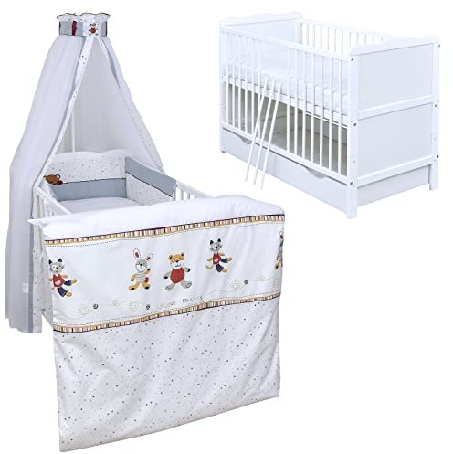Generisch Baby Delux Babybett Komplett Set Kinderbett 60x120 cm umbaubar zum Juniorbett weiß Schublade Max Bettset Matratze (Tierfreunde)