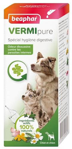BEAPHAR – VERMIPURE – Solution liquide pour Chiot et Chien – Ingrédients actifs 100% naturels – Ail, camomille, thym – Spécial hygiène digestive – Odeur dissuasive contre les parasites internes– 50 ml