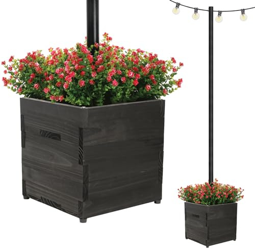 Large Decorative Wooden Planter with Universal Pole Support for String Light Poles, Umbrellas, Bird Feeders. Solid Wood Outdoor Garden Patio Box for Plants or Flowers, 14x14x14, Black