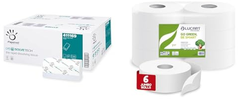 Papernet Dissolve Tech - Asciugamano Piegato a V 411169, 15 pacchi da 210 Pezzi Monouso di Carta & Lucart Professional, Confezione da 6 Rotoli Jumbo di Carta Igienica Ecologica, 2 Veli