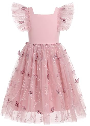 Odizli Kinder Mädchen Sommer Flutter Ärmel Schmetterling Blume Tütü Tüllkleid Prinzessin Kleid Blumenmädchenkleider Festliche Hochzeit Erstkommunion Party Einschulungs Sommerkleid Bohnenrosa 7-8 Jahre