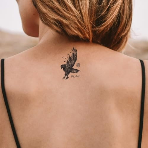 Fake Tattoo Vogel – Temporalis® | Temporäre Tattoos für Erwachsene – EU-zertifizierte Kosmetik, vegan & wasserfest – Hält 1 bis 2 Wochen [ Adler mit Wald ]