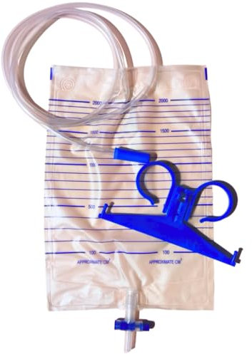 DOC Sacche Urina Con Valvola Antireflusso e Scarico a T, Tubo 130 cm, Supporto, Capienza 2000 ml, 2 Litri (Confezione 30 pz)