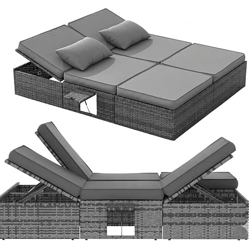 UDPATIO XXL Rattan Gartenliege wetterfest, 200 x 160 cm Polyrattan Sonnenliege für 2 Personen, Outdoor Doppelliege mit 5-Fach Verstellbarer Rückenlehne für Balkon, Grau-meliert & Dunkelgraue Bezüge