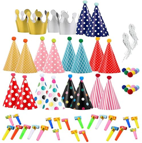 BPTZYLN 44 Pcs Sets Party Hats for Kids and Party Blowers for Kids, Birthday Children's Hats Cone Birthday Blowouts Colorful Blowers for Boys