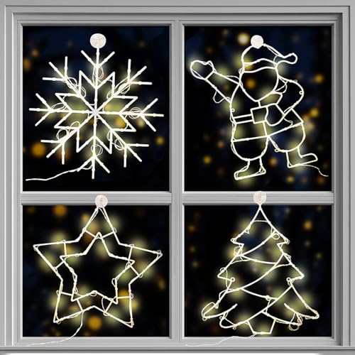 com-four® 4x LED Christmas lights XL - Window light chain with suction cup attachment 35-42 cm - Warm white LED decoration with 24 lights - Battery-operated window decoration (4 Stück)
