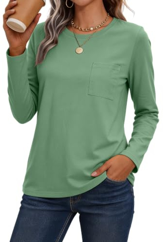 SMENG Long Sleeve T Shirts Women Crew Neck Ladies Tops Plain Split Hem Casual Tshirts Women UK with Pocket
