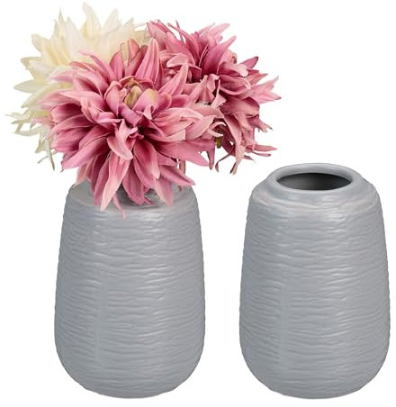 Relaxdays Set de Jarrones, 2 Floreros, 15 x 10 cm, Flores Frescas y Secas, Decoración de Mesa, Hecho de Cerámica, Gris