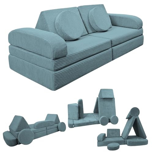 Izabell Modulares Kindersofa und Spielsofa – Kreatives Sofa aus Weichem Cordstoff mit Wasserfesten Schutzbezügen, Perfekt zum Spielen und als Bett für Kinder (blau)