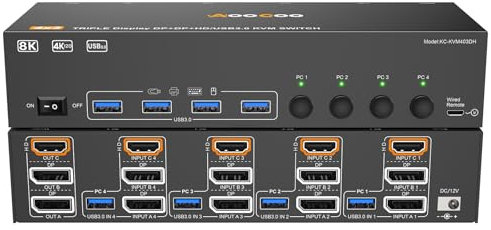 Switch KVM HDMI Displayport 4 PC 3 Monitor 8K@60Hz/4K@144Hz con telecomando cablato, alimentatore e cavo USB 3.0 inclusi