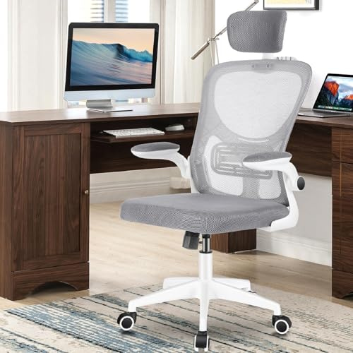 Oyajia Ergonomischer Bürostuhl mit Kopfstütze und Lendenwirbelstütze, Schreibtischstuhl Liegefunktion mit Armlehne, 10cm Höhenverstellbar, 360° Drehstuhl Office Chair für Zuhause/Büro, Weiß Grau