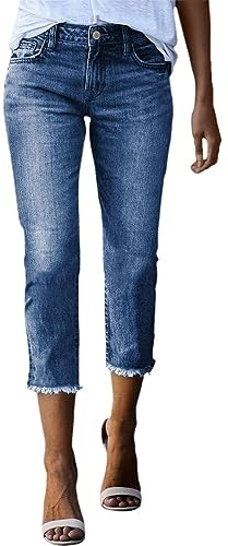 Short en jean 3/4 pour femme - Taille haute - Coupe étroite - Couleur unie - Stretch - Jambe droite - Bermuda - Pantalon de loisirs - Pantacourt pour l'extérieur - Coupe streetwear - Avec poche à