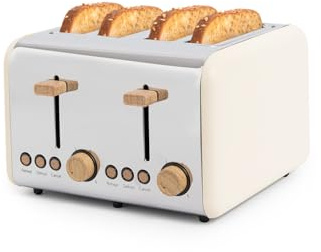 CREATE/TOAST RETRO DOUBLE/Toaster für breite Scheiben Cremeweiß/Krümelfach, 6 Leistungsstufen, Thermostat, Auftauen, Aufwärmen, 4 Schlitze, 1500W
