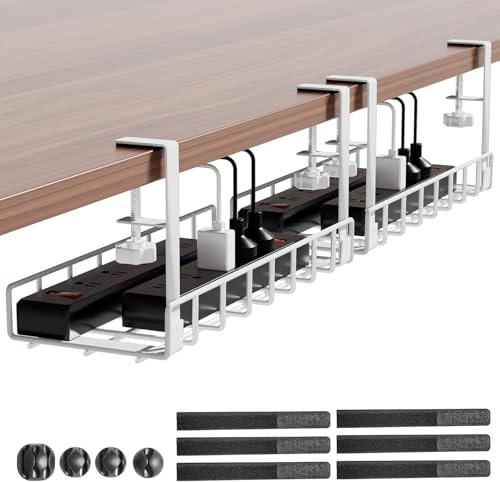 Under Desk Cable Management Tray, Xpatee Upgraded Wire Management No Drill No Screws, Cable Tray with Clamp for Desk Wire Management (White 2Pack)