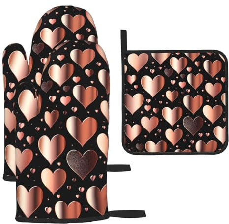3 pcs Oven Mitts and Pot Holders Set 500°F Heat Resistant Oven Gloves and Hot Pads Kitchen Mittens Rose Gold Love Heart Cooking Gloves Potholders for Baking Grilling