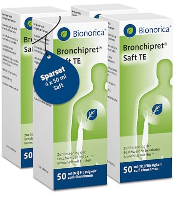 Bronchipret® Saft TE im Sparset 4 x 50ml – 3-fach Effekt gegen Husten, festsitzenden Schleim und Entzündung in den Bronchien, pflanzliche Thymian-Efeu-Kombination, für Kinder ab 1 Jahr, zuckerfrei