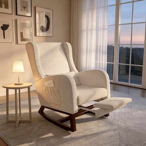 HYNHXBP Gungstol, med armstöd och sidofickor, Ergonomisk amningsstol med kuddar, Struktur i massivt trä, Långstol för vardagsrum eller sovrum (Beige + Isigt Velour)