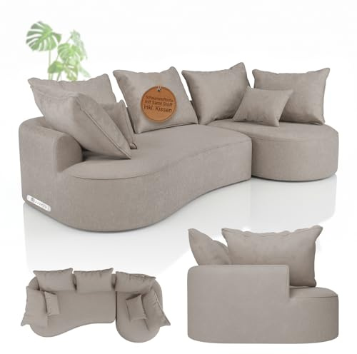 Juskys Sofa Tirano - Samt Beige, Ecksofa mit L-Form, mit Rücken- & Dekokissen, 4-Sitzer Eckcouch, Schaumstoff - Ottomane rechts