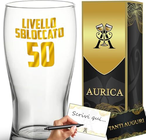 Aurìca Bicchiere Da Birra Personalizzato LIVELLO SBLOCCATO 50 – Regala Il Boccale Per Festeggiare Mezzo Secolo Con Un Brindisi Memorabile! Regalo Elegante E Divertente Con Confezione Regalo Inclusa