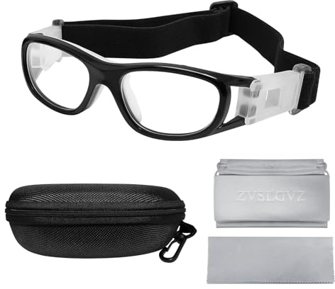 ZVSLGVZ Lunettes de sécurité pour enfants, lunettes de protection pour le sport, lunettes de basket-ball, de football avec verres correcteurs remplaçables (monture noire brillante avec coussinets