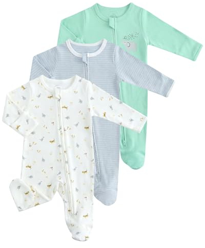 JiAmy Babypyjamas, sparkbyxor, 3-pack, bomull, unisex, babyoverall med dragkedja, fotdel och hopfällbara vantar för nyfödda upp till 12 månader