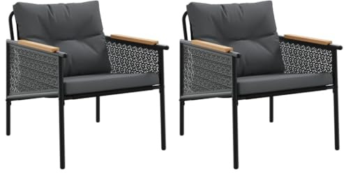 Mokuyary Trädgårdsstolar med kuddar, set om 2, svart, stål, balkongstol, terrassstolar, matstolar för terrass, trädgård, balkong