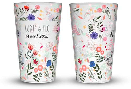Wobz - Gobelet Personnalisé Mariage Printemps - Translucide - Impression Quadrichromie - Fabriqué En France - Prénoms Et Date Personnalisables - 25 cl - Pack de 10, 25, 50, 100, 250 ou 500
