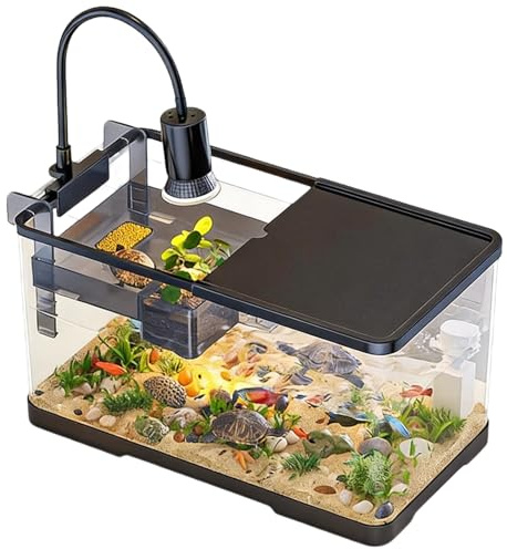 Schildkröten Terrarium mit Sonnenplattform und Licht, Kleine Fischbecken | Aquarium mit Deckel und Hängende Sonnenplattform, Schildkröte Becken für Wasserschildkröten Krebse Fische Amphibien Reptilien