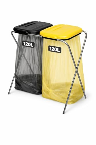 ENTIGO Müllsackständer 120 l, Müllsackhalter, Ständer für Müllsäcke, Abfalltrenner Müllbeutelhalter rostfrei innen außen, Klappe mit Beutelhalter, recycelter Kunststoff (Schwarz+Gelb)