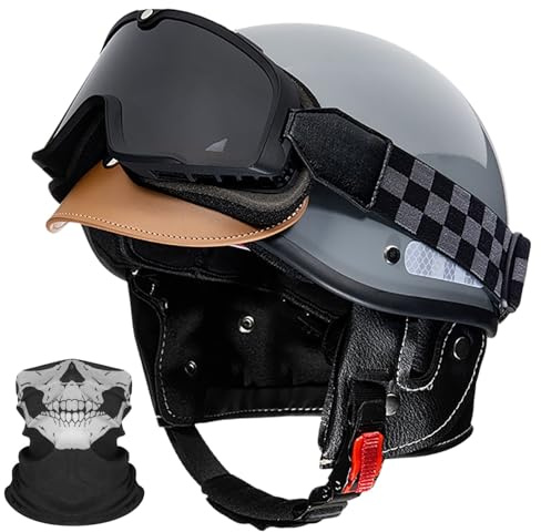 Casco Da Moto A Mezza Calotta Per Adulti, Uomo E Donna, Omologato DOT/ECE, Casco Jet Antiurto Con Occhiali, Casco Da Cruiser, Chopper, Scooter, Adatto A Tutte Le Stagioni. 5,(58-62CM)