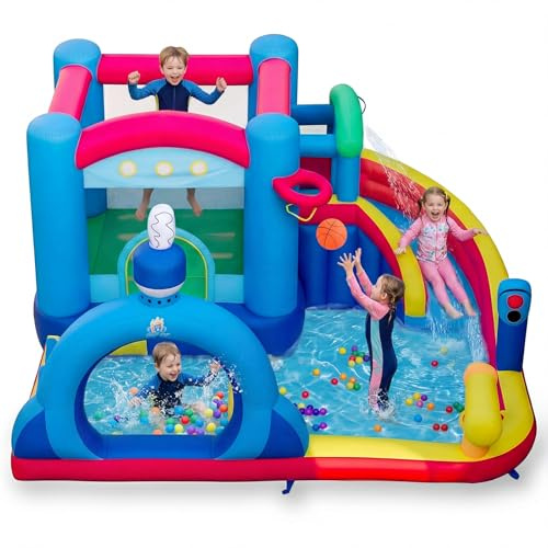 GYMAX Inflatable Water Castle, Kids Bounce House with Slide, Splash Pool, Punching Bag, Water Cannon & Basketball, Indoor Outdoor Children Bouncy Castle for 3-12 Years Old (without Blower) | with Slide, Splash Pool, Punching Bag, Water Cannon & Basketball, Indoor Outdoor Children Bouncy Castle for 3-12 Years Old