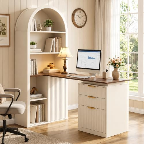 NORTHSKY 61 L-Shaped Desk with Arched Bookshelf, Fluted Corner Computer Desk with 3 Drawers, Sleek Sliding Door, Built-in Charging Station, Elegant Modern Workstation for Home Office, White