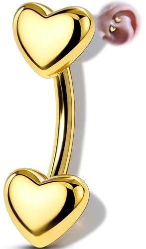 OUFER 16G Cœur Boucle d'Oreille Rook Or Eyebrow Piercing 316L Acier Inoxydable 8 mm Barre Courbée Minimaliste Bijou de Corps pour Sourcil Tragus Conch Cartilage