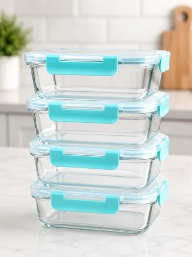 Mayaaran 4 Pack Glass Meal Prep Containers with Lids, 1040ml Large Glass Food Storage Containers, Airtight Leakproof BPA-Free Food Containers, Microwave, Freezer & Dishwasher Safe