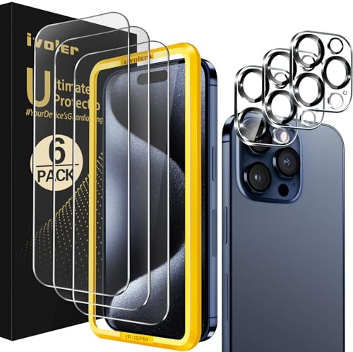 iVoler 3+3 Pezzi Opaco Pellicola Vetro Temperato Compatibile con iPhone 15 pro max 6.7 Pollici, 3 Pezzi Protettiva e 3 Pezzi Fotocamera, Con Strumenti di Installazione, Antiriflesso, Anti Graffi.