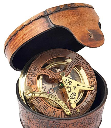 Brass Nautical - Antique Brass & Copper Sundial Compass, Sundial Clock in Box Gift Sun Clock Ship Replica Watch