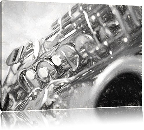 Pixxprint Saxophon Kohle Effekt, Größe: 60x40cm, Leinwandbild, fertig gespannt, Wandbild, Dekoration, Kunstdruck, kein Poster