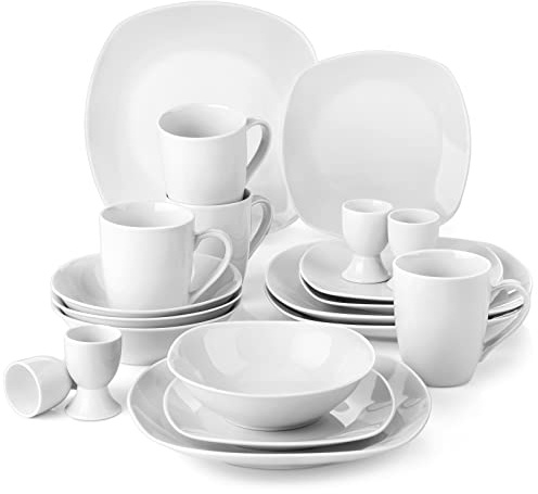 MALACASA Dinner Set for 4, 20-Piece Porcelain Plates and Bowls Set Light Grey White Dinnerware Sets with 4-Piece Dinner Plate/Soup Bowl/Dessert Plate/Egg Cup/Mug, Series Elisa