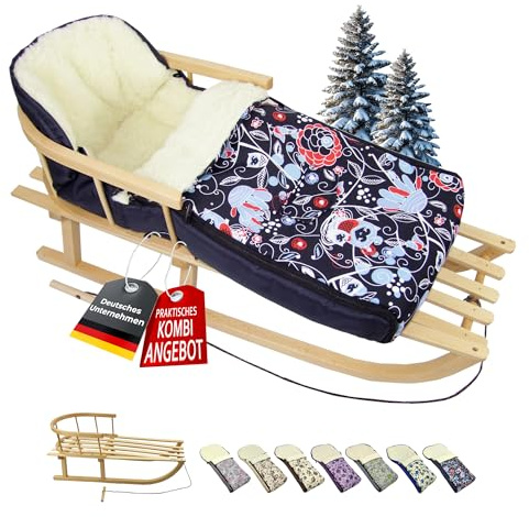 BambiniWelt Kombi-erbjudande träsläde med ryggstöd och dragrep universell vinteråkpåse (108 cm), även lämplig för babystol, barnvagn, buggy, gjord av ull i uggledesign (uggla $9)