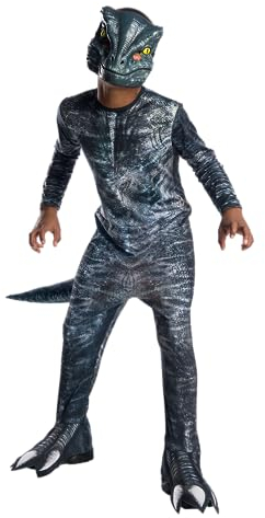 Rubies Velociraptor-dinosauriedräkt för pojkar, officiellt tryckt overall från Jurassic World-film med mask och stövelöverdrag för halloween, jul, karneval och födelsedag