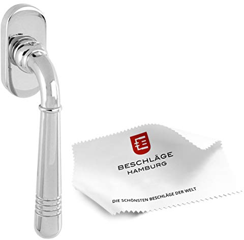 Beschläge Hamburg: Fenstergriff/Fensterhebel Emily 07 — Dreh-Kipp Fenster-Beschlag mit 45° Raster — Art deco Fenster-Garnitur — Fensterhebel mit Riefen in Chrom poliert