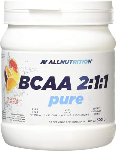 ALLNUTRITION BCAA Max Support Pulver/Kapseln Komplex aus verzweigtkettigen Aminosäuren Glutamin Taurin Leucin Valin Isoleucin Muskelregeneration 500 g Tropical