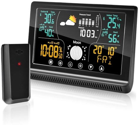 Stazione Meteo con Sensore Esterno Wireless Stazione Meteorologica Professionale Interno Esterno Barometro Termometro Igrometro Digitale con LCD Display Sveglia Temperatura Umidità Previsioni Tempo