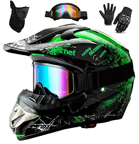 WEITY Motocross Helm Set mit Brille Handschuhe Gesichtsmaske, für Kinder und Erwachsene, Full Face AVT MX Motorradhelm für Downhill Offroad Enduro Scooter Sport tification (Grün,M)