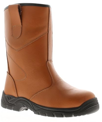 Tradesafe Safety Rigger Boots. Mens Steel Toe Cap S1-P SRC Tan Leather Work Boots with Steel Midsole Protection and Fur Lining Tan 9 UK