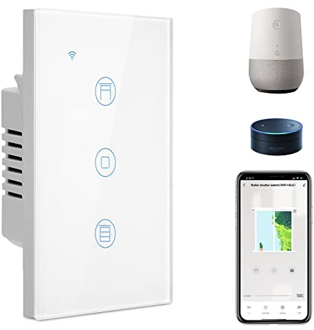 BSEED WiFi Smart Roller Shutter Switch,Smart Blind Switch Compatible with Alexa Echo and Google Home,Remote Control with Smart Life/Tuya APP, Glass Panel WiFi Touch Switch White(Neutral Wire Required)