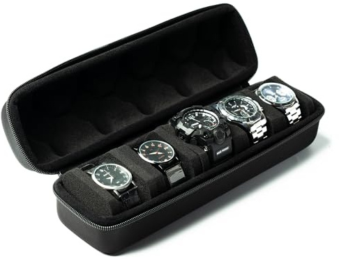 HOMPE Watch travel case,5 Slot Hard watch roll organizer, Fits All Wrist Watches&Smart Watches Up to 58mm (Black 5slot)