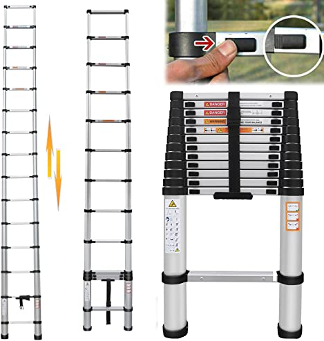 Scala telescopica 4,4m con ganci, 14,4FT multiuso pieghevole in alluminio scaletta pieghevole per estensione per scaletta pieghevole allungabile portatile scala a soppalco leggera, capacità 150kg