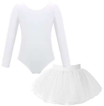 TiaoBug Traje de Ballet para Niñas Leotardo Manga Larga Maillot de Gimnasia Rítmica con Falda Tutú Sólido Vestido de Danza Clásico Disfraz de Bailarina 2-12 Años Blanco 7-8 años