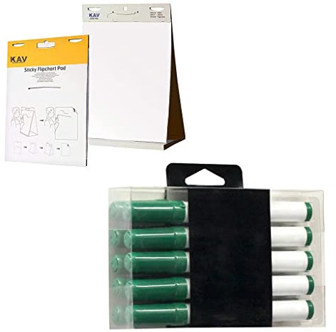 KAV Selbstklebender Flipchart-Papierblock für den Tisch mit trocken abwischbaren Stiften – 58,5 x 50 cm, einfarbig, 20 Blatt mit für weiße Pinnwände, Büro, Schule, Zuhause, Notizen, Grün, 10 Stück